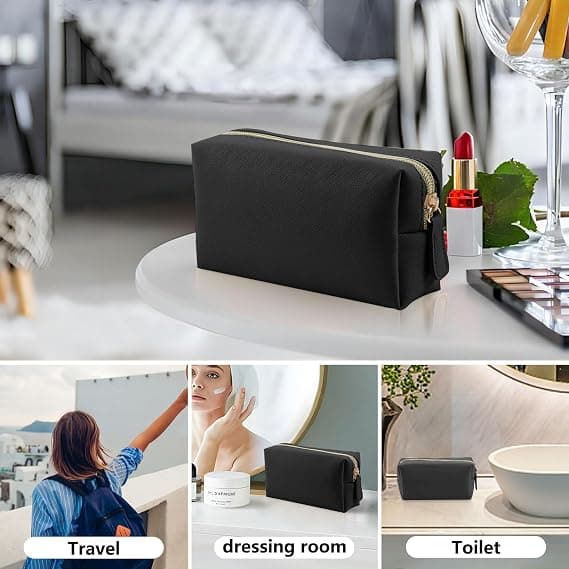 1 læder makeuptaske, bærbar lille kosmetikorganisator (til kvinder og piger), med lynlås, sort black