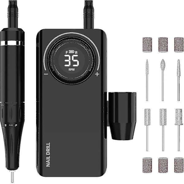 Uppladdningsbar elektrisk nagelborrmaskin 35000 varv/min med 6 bits och LCD-display, kraftfull och tyst