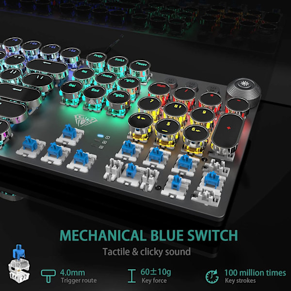 Mekanisk gamingtastatur i skrivemaskinestil med blå switche, aftagelig håndledsstøtte, mediekontrolknap, regnbuebaggrundsbelysning, retro punk runde taster BLACK