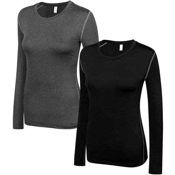 Dame kompressionstrøje Dry Fit Langærmet Running Athletic T-shirt træningstoppe，XX-Large 2 Pack (sort+grå)