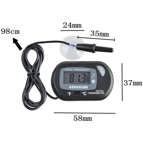 2 x Small digital aquarium thermometer with suction cups & probe & battery, water temperature gauge meter for marine fish tank, incubator, tank