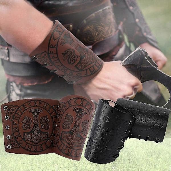 Armskydd, präglat armskydd i konstläder, medeltida armbindel i konstläder för Larp Brun