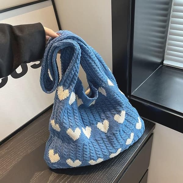 1 stk hæklet mulepose, strikkede håndtasker til kvinder, net strandtaske, strandtaske til kvinder, blå blue