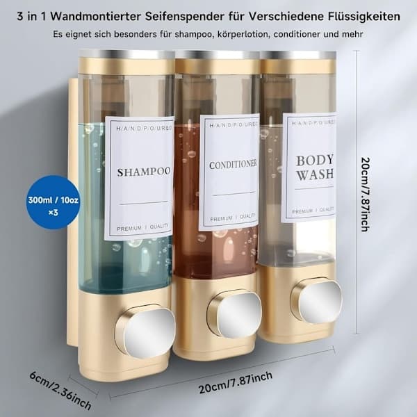 Vægmonteret sæbedispenser - 3-rums brusedispenser 300ml x3 til shampoo og sæbe sort Black