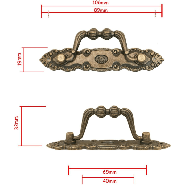 2x antika möbelhandtag hopfällbara, antik brons vintage design 10,5 x 2cm, set om 2