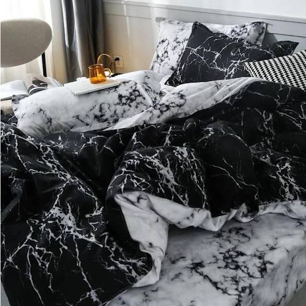 Sängkläder 200x200cm marmorlook svart vit modern sängklädesset