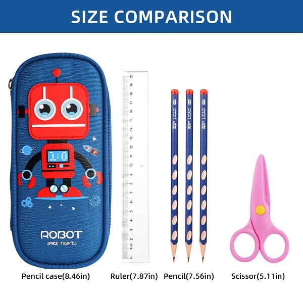 Søt tegneserieblyantveske for barn, Kawaii-blyantveske med stor kapasitet på lerret med glidelås, oppbevaringsblyantveske (blå - robot)