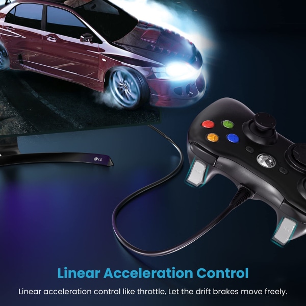 Kablet kontroller for Xbox 360, spillkontroller for 360 med dobbel vibrasjon Turbo kompatibel med Xbox 360/360 Slim og PC Windows 7,8,10