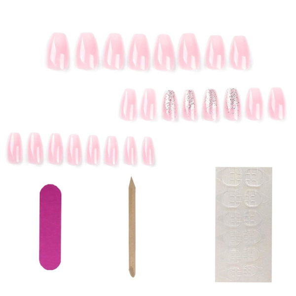 24ps Trykte Negle Medium Længde Pink Gradient Kvadratiske Negle Med Glitter Falske Negle Design Fuld Dækning Stick On Negle