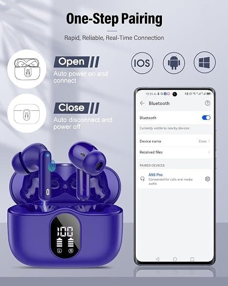 Trådløse hovedtelefoner Bluetooth 5.4 med LED-display, støjreducerende mikrofon, HiFi Stereo In-Ear hovedtelefoner, IP7 vandtæt til iPhone Android Dark blue