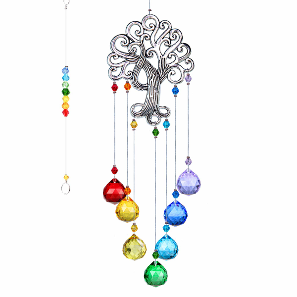Crystal Suncatcher Chakra Färger Ball Prisma, Glas Livets träd Sun Catcher för fönster, Hängande prydnad regnbågshänge
