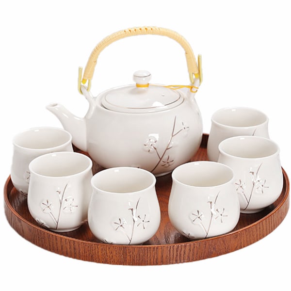 Hvit porselenste-sett med 1 tekannesett, 6 tekopper, 1 tebrett, 1 rustfri infuser, søtt asiatisk te-sett for teelsker/kvinner/menn (plomme i gull)