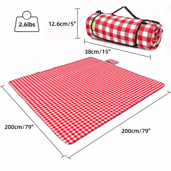 Kan vaskes i maskin Ekstra stort piknik- og strandteppe praktisk matte pluss tykk to lag Sandtett vanntett polstring Bærbar, 79"x79" (rød og hvit)
