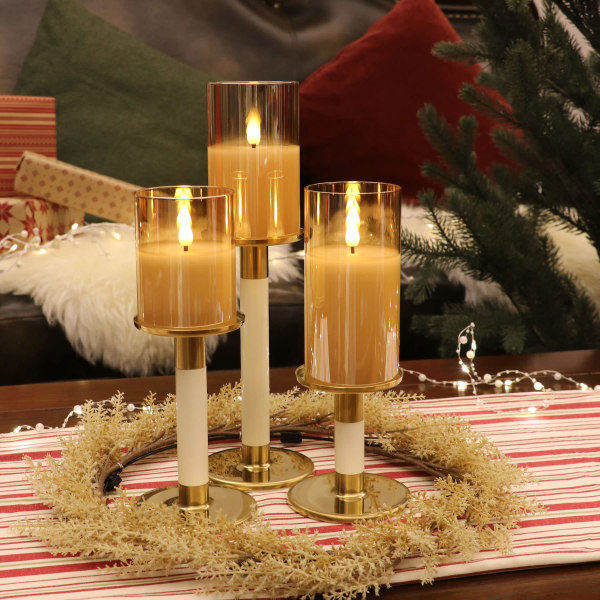 Kultaiset liekettömät kynttilät lasissa, 3 lasilyhtyä kaukosäätimellä ja ajastintoiminnolla, lämmin valkoinen valo paristoilla