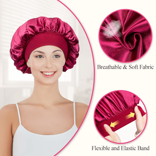 Satin Bonnet Nattmössa Justerbar Sovhatt Huvudbonad Mjuk Huvudbonad Silke Sov Bonnet med Elastisk(Svart, Röd)