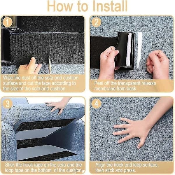 Skridsikker hyndefiksering til sofa - Selvklæbende velcro for at forhindre sofahynder i at glide, 10 cm x 1,5 m sort