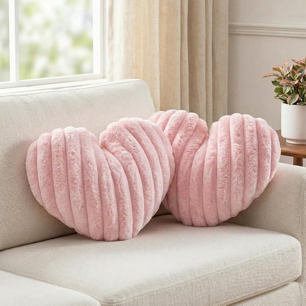 2-pak hjertepuder, lyserøde puder, bløde plys dekorative pyntepuder | 41*34 cm, vaskbare, søde fluffy puder til sofa, seng, stol, soveværelse pink