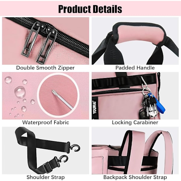 Gym taske Sport Duffel taske med skorum til sko Gym Duffel taske Weekend rejsetaske med våd lomme 2 i 1 Rygsæk taske Stor kapacitet Foldbar pink