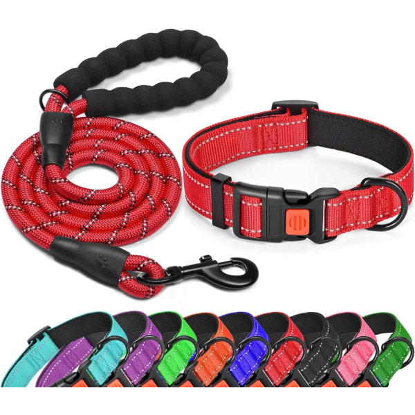 Reflekterende hundehalsbånd i nylon – Blødt neoprenpolstret, reflekterende og justerbart – Hundehalsbånd til små mellemstore hunde (rød, M)