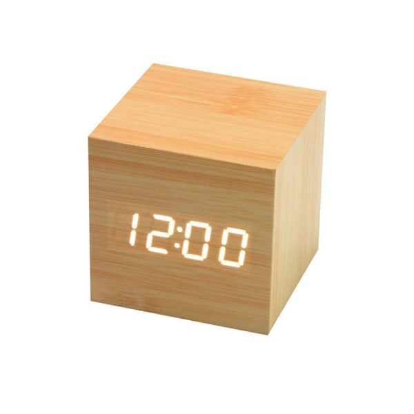 Wooden Digital Cube Alarm Clock Touch Sound Activated Desk Clock Portable Travel Clock (Yellow)