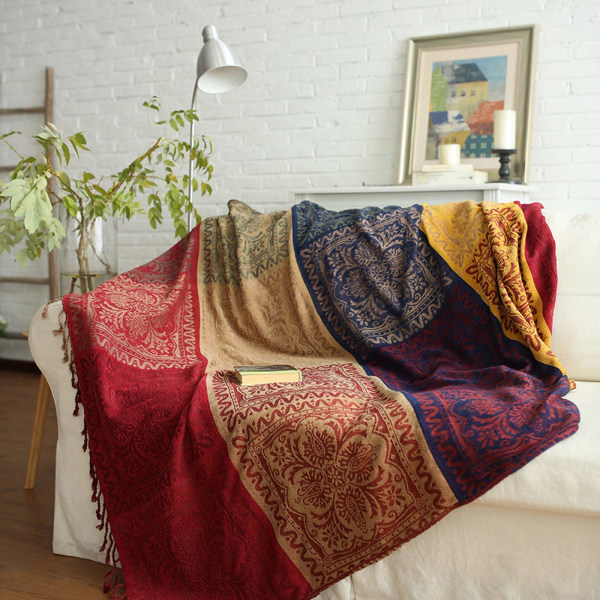 Chenille-pläd, jacquardvävd pläd med tofsar för soffa