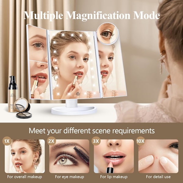 Makeup spejl forfængelighedsspejl med lys, trefoldet makeup spejl, dobbelt strømforsyning, bærbar LED makeup spejl, gave til kvinder (hvid)