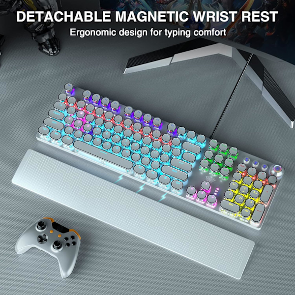 Mekanisk gamingtastatur i skrivemaskinestil med blå switche, aftagelig håndledsstøtte, mediekontrolknap, regnbuebaggrundsbelysning, retro punk runde taster WHITE