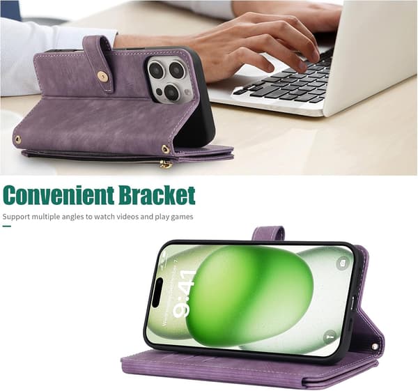 Plånboksfodral för iPhone 16 Pro Max (1-pack) — Foliodesign med handledsrem, 9 kortfack och stativ; magnetisk stängning (Lila) iPhone16 Promax purple