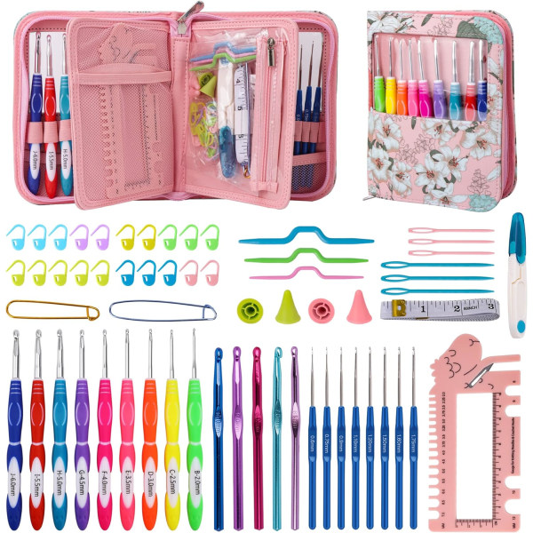 Crochet Hooks Set with Organizer Bag, 60pcs Soft Handle Ergonomic Crochet Knitting Needles Kit 0.6mm to 10mm, DIY Hand Knitting Craft Art Tools