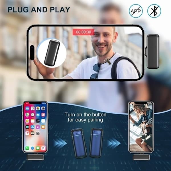 2-pack trådlös lavaliermikrofon med laddningsfodral - 3-i-1 minimikrofon för iPhone/Android, video, vlogg, TikTok, YouTube
