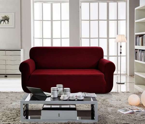 Högelastiskt sofföverdrag i ett stycke (3-sits) – Maskintvättbart, inga skumankringsremsor ingår (vinröd; passar storlekar: 185–230 cm) WIne red
