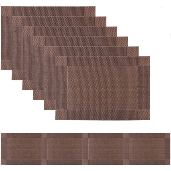PVC dekkebrikker sett med 6 og bordløper vaskbare bordmatter for spisestue (brun)