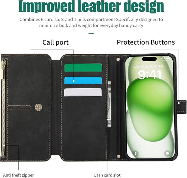Plånboksfodral för iPhone 16 Pro (1-pack) — Foliodesign med handledsrem, 9 kortfack och stativ; magnetisk stängning (svart) iPhone16 Pro black