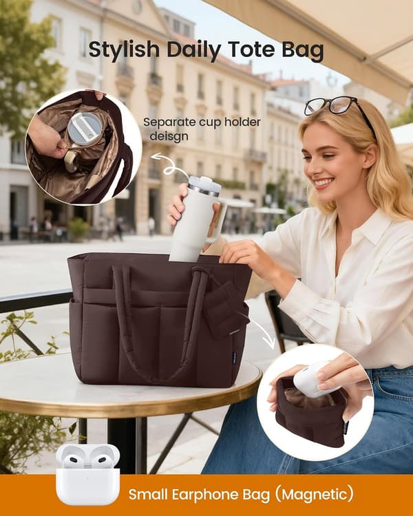 1 st tygväska för kvinnor, lätta puffer-laptopväskor arbetsväskor med dragkedja och fack, kaffe Coffee