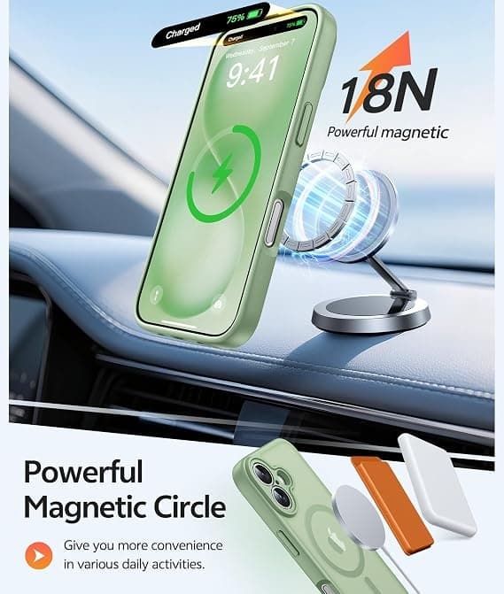 FNTCASE til iPhone 16 Plus-deksel med skjermbeskytter, MagSafe-kompatibel, klar matt, støtsikker skall i militær kvalitet, lys mose Light Moss