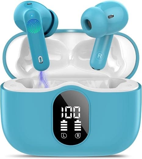 Trådløse hovedtelefoner Bluetooth 5.4 med LED-display, støjreducerende mikrofon, HiFi Stereo In-Ear hovedtelefoner, IP7 vandtæt til iPhone Android Ice blue