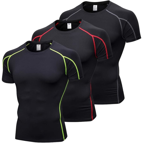 3-pak herre kompressionsskjorte atletisk under base-lag sport T-shirts (medium, sort/rød/grøn)