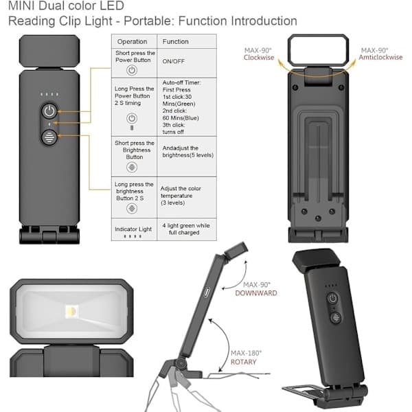 Bærbar USB Genopladelig LED Boglampe med Klips - 3 Farvetemperaturer, 5 Lysstyrkeniveauer, 30/60 Min Timer Sort black