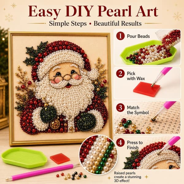 DIY juleperle diamantmaleri kunstsett med ramme, juleperle 3D diamantkunstsett for voksne og nybegynnere, edelsten diamantprikker perler #M