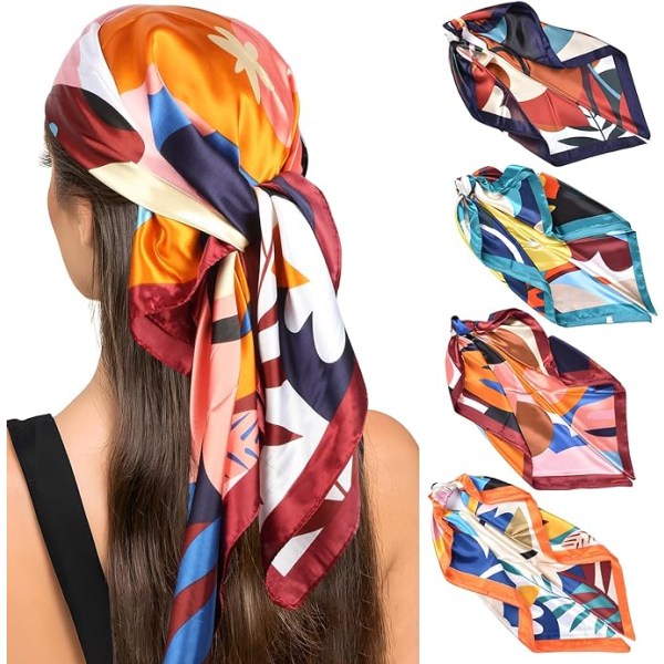 Pakke med 4 hodeskjerf silke skjerf halsskjerf for kvinner, 70 x 70 cm hodeskjerf dame sommer, sateng bandana jenter hodeskjerf hårtilbehør