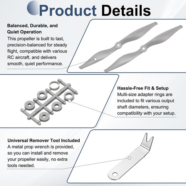MECCANIXITY 10x6 tommer RC-propeller, 2-bladet propellerudskiftning grå højhastighedspropeller med adapterringe og propellernøgle til RC-fly 2 10" x 6" 2