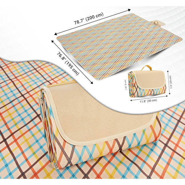 Vattentät picknickfilt - 200×195cm strandfilt med bärhandtag - Fällbar strandmatta (Rainbow Grid)