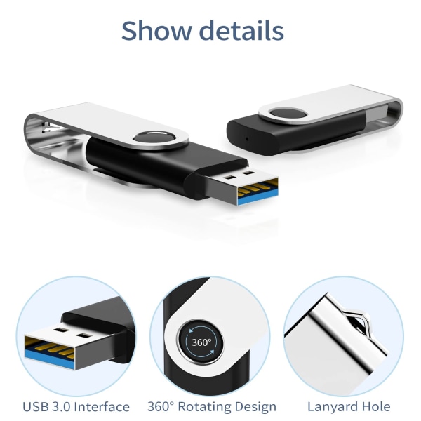 3.0 Flash Drive 1 pakke, USB 3.0 Memory Stick med LED-indikator Svingbare tommelenker Bulk U Disk 16 GB Pendrive Jump Drive Zip Drive (16 GB, svart)