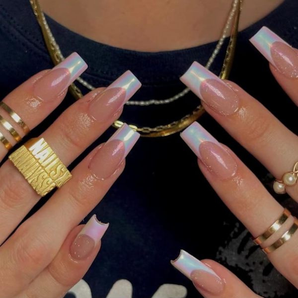24 stk. franske tip falske negle lange - nude aurora shimmer tryk på negle - firkantede falske negle med lim - stick on negle - fuld dækning akryl kiste