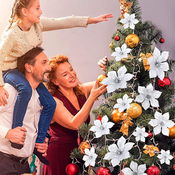 24 kpl Joulukiilto Poinsettiakukat Hää Faux Kukat Joulukoristeet Koristeet Joulukuuseen Uusivuosi (10cm) silver