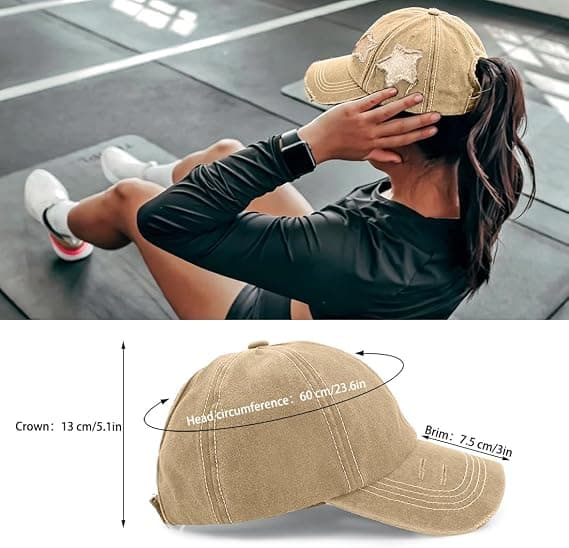 1 stk. Vasket bomuld distressed baseballkasket til kvinder med hestehalehul Udendørs solhat, khaki. khaki