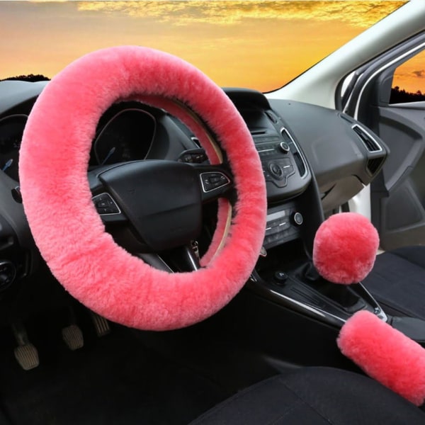 3 stk sæt dame vinter mode uld pels blødt lodnet rat dæksler Pink Fluffy håndbremse dæksel Gear Shift Cover Fuzz Varm skridsikker