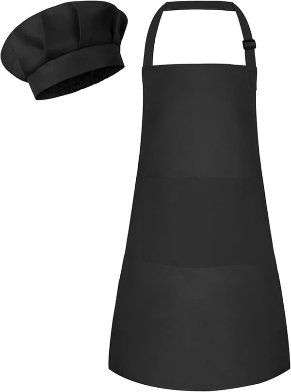 Forkle og kokkehattsett for barn, justerbart barneforkle, barnas kokkemaling for matlaging og baking, svart black