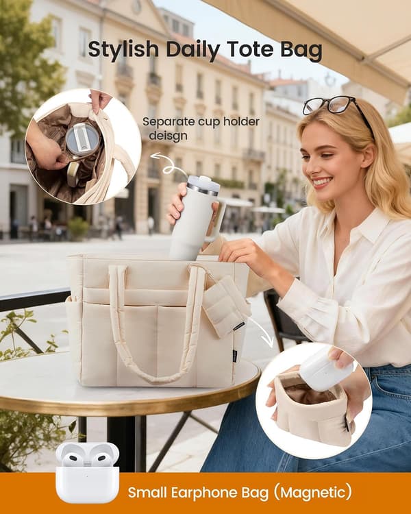 1 stk. mulepose til kvinder, letvægts puffer laptop håndtasker arbejdstasker med lynlås og rum, beige beige