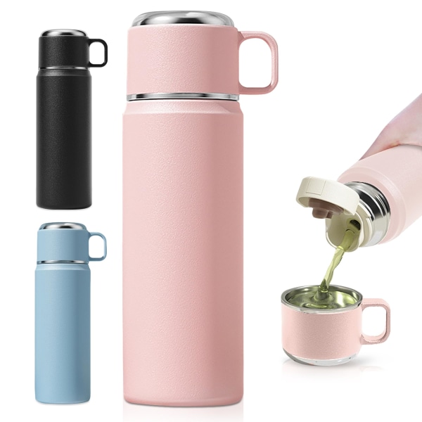 Vattenflaska i rostfritt stål med läckagesäkert kopplock, 550 ml dubbelväggig vakuumisolerad kolv Bärbar kaffekopp för resa, dryckesflaska rosa